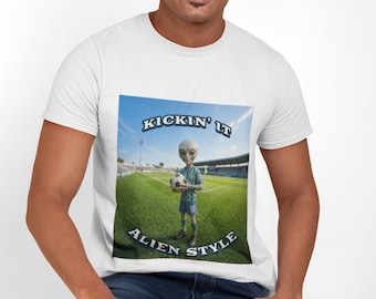 Kickin' It Alien Style Soccer T-Shirt | Futbol Alien Graphic Tee