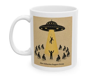 Vintage UFO Abduction Scene Mug | Retro Alien Silhouette Coffee Cup