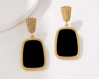 Fashionable Black Gold Drop Earrings for Women, Trendy Summer Statement Earrings, Geometric Dangle Earrings, Elegant Party Jewelry