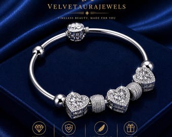 Stainless Steel Heart Charm Bracelet, Crystal Bangle, Dainty Jewelry