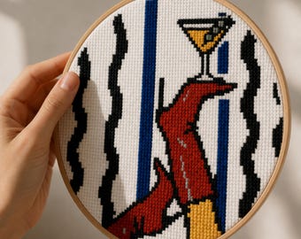 Martini Cross Stitch Pattern PDF Red Boot Cocktail Pop Art Modern Maximalist Bar Cart Decor Gift