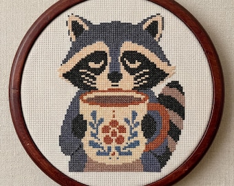 Coffee Raccoon Cross Stitch Pattern, Folk Art Trash Panda with Scandi Mug, Cottagecore Goblincore Decor, PDF Download