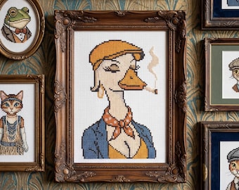Funny Vintage Smoking Duck Cross Stitch PDF Pattern | 1920s Art Deco Folk Animal Portrait | Quirky Bar Decor