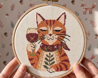 Folk Art Orange Tabby Cat Cross Stitch PDF Pattern, Funny Wine Cottagecore Gift for Cat Mom, Beginner Needlework Chart