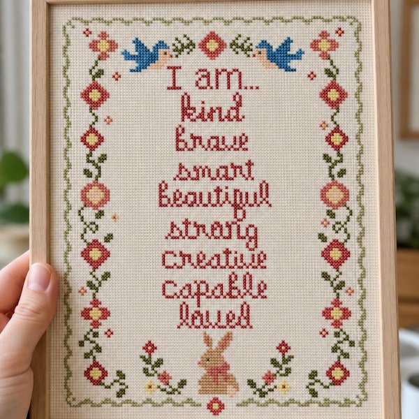 Girls Affirmations Cross Stitch Pattern, I Am Kind Brave Strong Sampler, Traditional Nursery Wall Art, Daughter Gift PDF