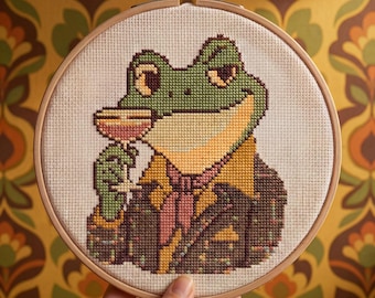 Tipsy Toad Frog Cross Stitch Pattern | Folk Art Cocktail Bar Decor | Cottagecore Beginner PDF Instant Download