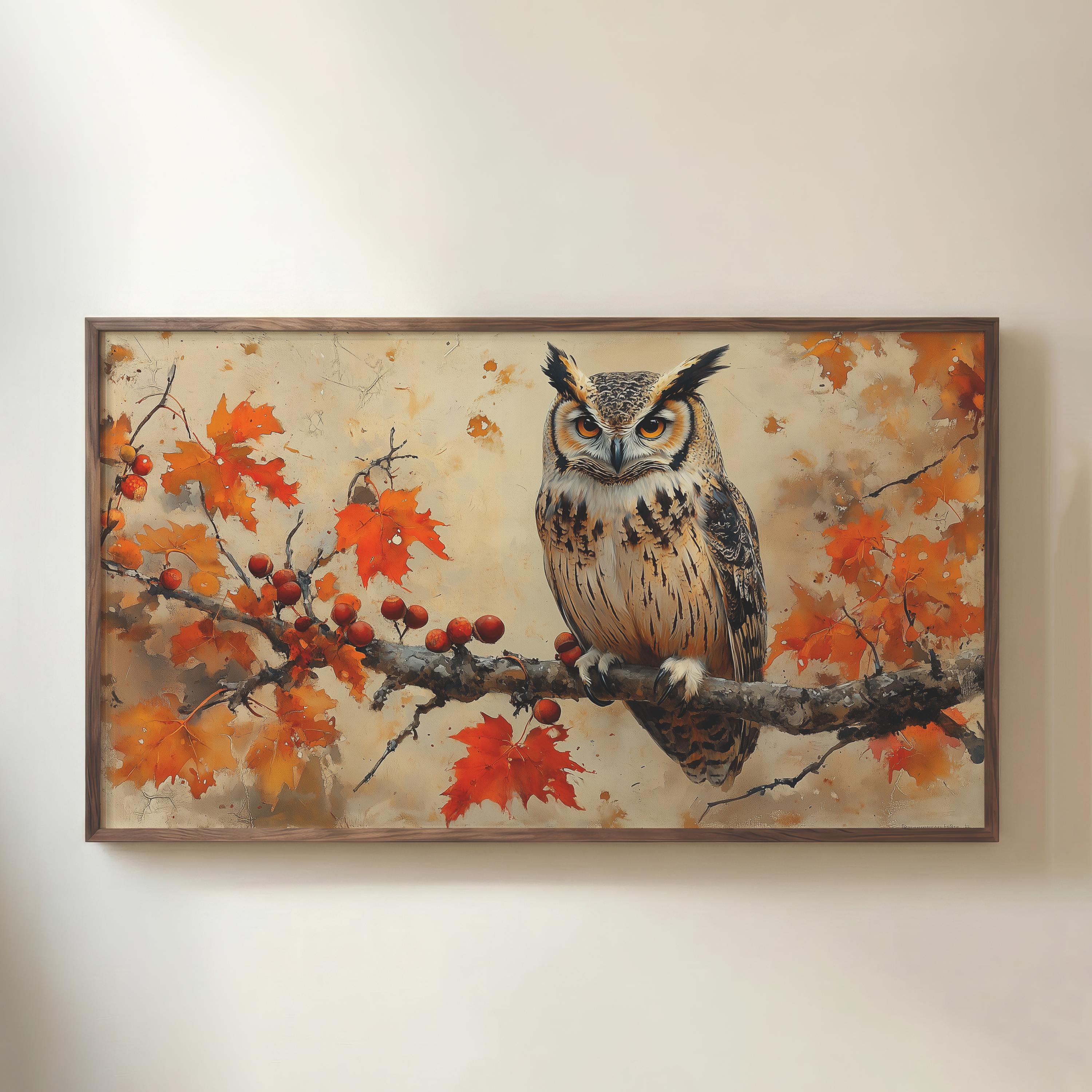 Vintage Autumn Owl Frame TV Art, Fall Botanical Illustration (Digital Download)