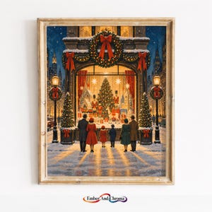 May include: A framed art print depicting a snowy city street at night with people looking into a brightly lit store window decorated for Christmas. The display features a large tree, nutcracker figures, and a reindeer, all framed by wreaths and red bows.