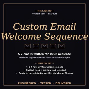 Puede incluir: Gráfico negro y dorado con el texto "Custom Email Welcome Sequence". La imagen destaca 5-7 correos electrónicos escritos para su audiencia, incluyendo líneas de asunto y texto de vista previa. Listo para pegar en ConvertKit, Mailchimp y Flodesk.