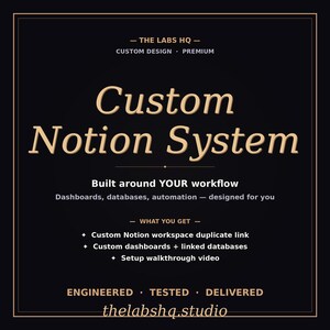 Könnte beinhalten: Schwarze Grafik mit goldenem Text, der für ein benutzerdefiniertes Notion-System wirbt. Der Text enthält "Custom Notion System", "Built around YOUR workflow" und Details zu Dashboards, Datenbanken und Automatisierung. The Labs HQ ist die Marke.