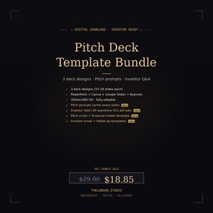 Puede incluir: Imagen oscura con texto dorado que anuncia un "Pitch Deck Template Bundle". El paquete incluye 3 diseños de presentación, indicaciones de presentación y preguntas y respuestas para inversores. El texto también menciona la compatibilidad con PowerPoint, Canva, Google Slides y Keynote.