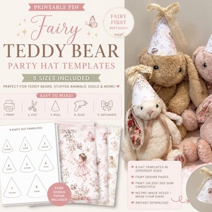 Pode incluir: Um modelo PDF imprimível para chapéus de festa de fadas para ursos de peluche, com oito tamanhos variando de 5,08 a 15,24 cm. O conjunto inclui páginas com designs de fadas, instruções de montagem e imagens de coelhos de peluche com os chapéus.
