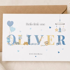 May include: A white birth announcement card featuring the text Hello little one and the name OLIVER in large blue and yellow letters. The design includes watercolour illustrations of balloons, a mobile, a car, and baby shoes. 10/05/2024 8lbs 1oz.