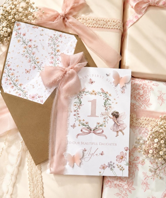 Personalised Fairy First Birthday Card | Daughter, Pink Floral Butterfly Keepsake