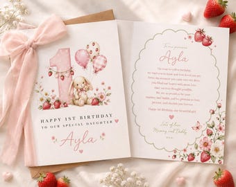 Personalised Berry Sweet 1st Birthday Card for Daughter | Strawberry Bunny Floral Keepsake