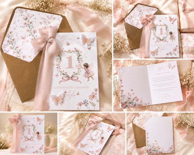 May include: A first birthday greeting card for a daughter featuring a floral wreath, the number one, a fairy illustration, and butterflies. The card is adorned with a soft pink organza ribbon and includes a matching envelope with a floral interior liner.