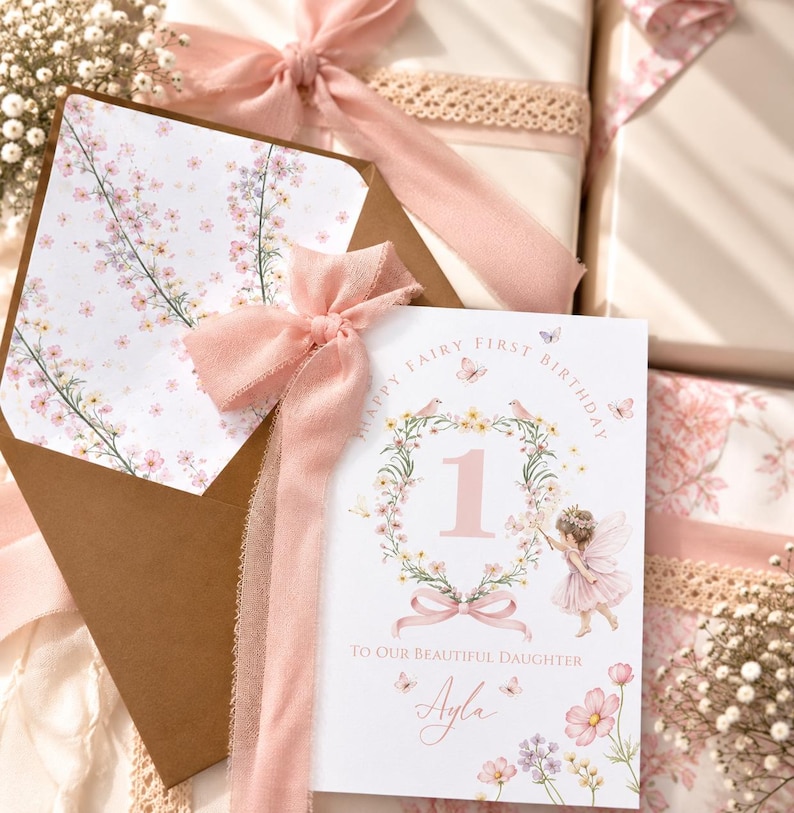 May include: A white birthday card with the text Happy Fairy First Birthday and To Our Beautiful Daughter Ayla, featuring a large number one, a floral wreath, and a fairy illustration. The card is tied with a pink ribbon and paired with a floral envelope.