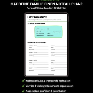 Può includere: Un modello di piano di emergenza digitale intitolato DER KRISENKOMPASS, con sezioni per contatti di emergenza, dettagli personali e spazi per nomi, indirizzi e numeri di telefono. Il documento include un elenco di numeri di emergenza.