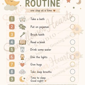 Op de afbeelding: Een bedtijdroutinetabel met een zacht, pastel kleurenschema. De tabel bevat illustraties en tekst voor elke stap, zoals "Neem een bad", "Trek je pyjama aan" en "Tijd om te slapen". Een konijn illustratie staat onderaan.