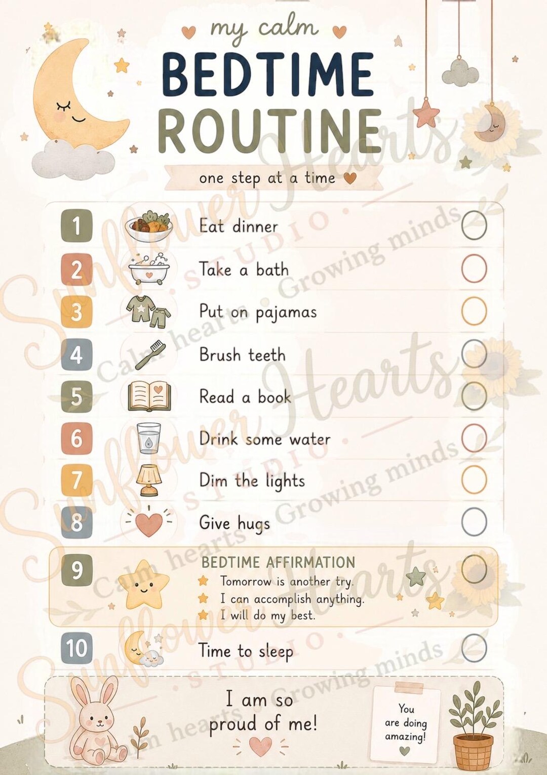 Kids Bedtime Routine Chart Printable | Calm Night Routine for Toddlers ...