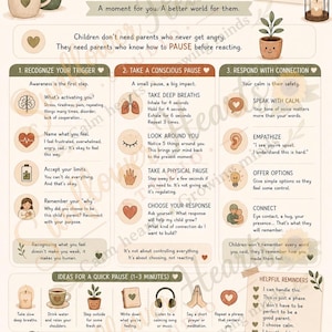 May include: A beige and brown poster with the words "PAUSE BEFORE REACTING" and tips for parents. The poster includes illustrations of a coffee cup, a plant, and a mother hugging a child. The text offers advice on managing emotions.