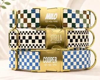 Checkerboard Dog Collar with Leash: Personalized metal buckle, made in the USA, TPWP-36