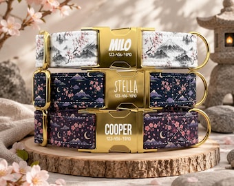 Cherry Blossom Dog Collar with Leash: Personalized metal buckle, made in the USA, TPWP-22