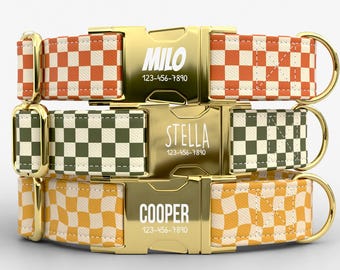 Checkered Dog Collar with Leash: Personalized metal buckle, made in the USA, burnt orange, green, mustard TPWPB-1