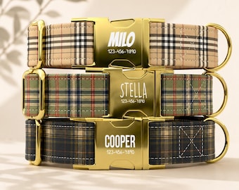 Elegant Plaid Dog Collar with Leash: Personalized metal buckle, made in the USA, TPWP-24