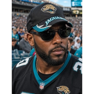 May include: A black baseball cap featuring the Jacksonville Jaguars logo on the front and the word JAGUARS embroidered on the teal-accented brim. The cap is paired with a black jersey featuring teal trim and an NFL shield logo on the collar.