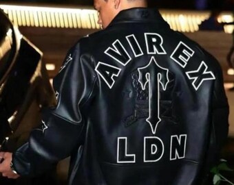 Avirex LDN Trapstar Leather Bomber Jacket Men Black Genuine Cowhide Varsity Jacket Avirex London Streetwear Fashion Coat Gift for Him