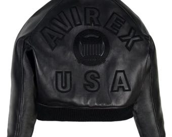 Avirex Cropped Icon Black Leather Jacket Women’s Genuine Cowhide Bomber Jacket Varsity Style Streetwear Fashion Coat Gift for Her