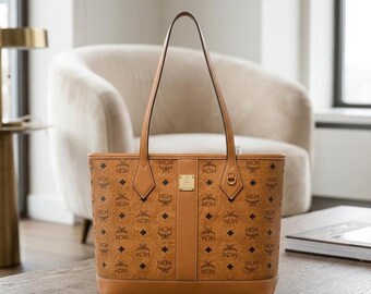 MCM Cognac Monogram Leather Tote Bag | Luxury Designer Shoulder Bag | Genuine Leather Handbag with Pouch | Gift for Her