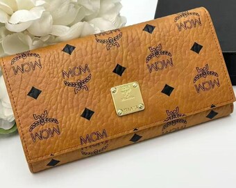 MCM Cognac Leather Wallet for Women | Luxury Designer MCM Monogram Long Wallet | Premium Clutch Purse Card Holder Gift for Her