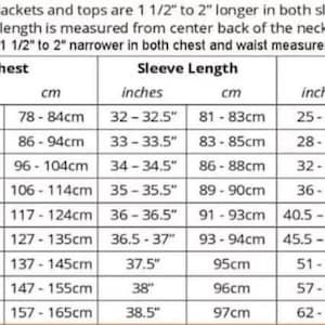 May include: A black and white sizing chart for clothing, featuring columns for chest, sleeve length, and waist measurements in both inches and centimeters. The table lists sizes from XS to 5XL, including specific notes on tall and slim fit adjustments.