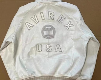 White Avirex Crocodile Embossed Leather Jacket Men's Genuine Cowhide Leather Bomber Jacket USA Icon Streetwear Jacket Luxury Gift for Him