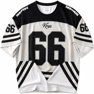 May include: A black and white jersey-style t-shirt with the number "66" on the front and sleeves. The word "Keye" is printed above the number. The shirt has black stripes on the sleeves and a black panel across the shoulders.