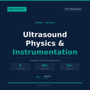 Könnte beinhalten: Dunkelblaues Grafikdesign mit dem Text "Ultrasound Physics & Instrumentation" und "Complete SPI Study Reference". Enthält Informationen zu Abschnitten, Prüfungstipps und Formeln. Das Registry Edge-Logo ist sichtbar.