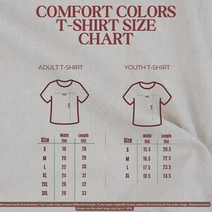 The image is a T-shirt size chart that provides the size and measurements for adult and youth t-shirts.