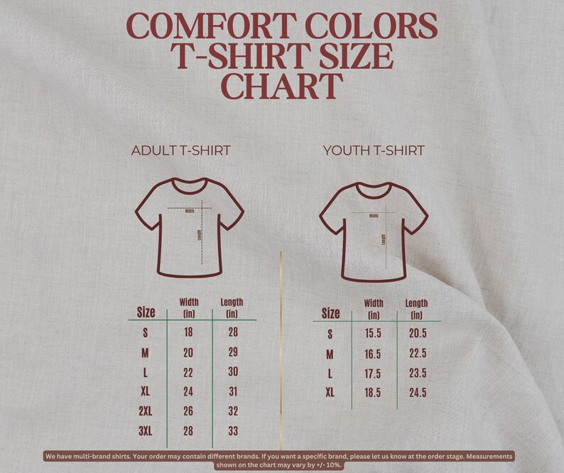 The image is a T-shirt size chart that provides the size and measurements for adult and youth t-shirts.