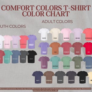 The image is a color chart for t-shirt colors, displaying various adult colors such as white, ivory, pink, and peach, along with a selection of youth colors like white, light blue, and blue jeans.