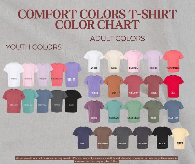 The image is a color chart for t-shirt colors, displaying various adult colors such as white, ivory, pink, and peach, along with a selection of youth colors like white, light blue, and blue jeans.