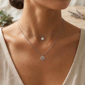 Minimalist Layered Tree of Life Necklace, Titanium Steel Double Chain Choker, Silver Everyday Jewelry, Delicate Disc & Dai