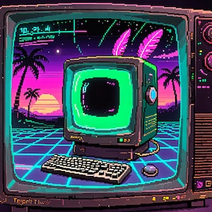 以下が含まれることがあります： ネオングリーンの画面、キーボード、マウスを備えた、ピクセル化されたレトロなコンピューターのイラスト。背景にはヤシの木とグリッドパターンが描かれた夕焼けがあり、80年代のヴィンテージ感を醸し出しています。