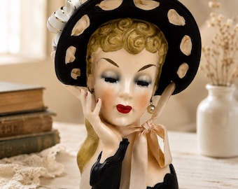 Vintage Napco Lady Head Vase, 1959 Mid Century Ceramic Bust, Black Hat Blonde Decor