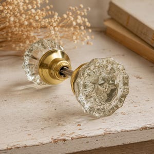 Vintage Clear Glass Door Knob Set Brass Tone Victorian Style Hardware