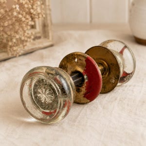 Antique Clear Glass Door Knob Set w Original Red Paint Architectural Salvage