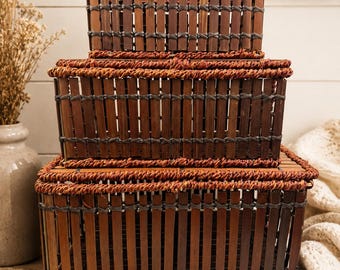 Juego de 3 cestas de madera apilables / Cestas rústicas de madera tejidas para almacenamiento y decoración del hogar