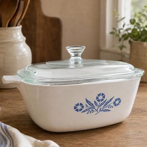 Puede incluir: Una fuente rectangular de cerámica blanca para horno con tapa de cristal transparente. La fuente presenta un estampado floral azul en el lateral y tiene asas integradas en los extremos. La tapa de cristal incluye un pomo central para su uso.