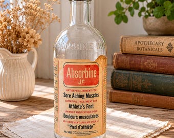 Botella vintage de Absorbine Jr. / Artículo de colección de farmacia canadiense de los años 70, decoración rústica.